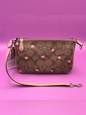 Coach Nolita 19 Signature Canvas Pink Heart Floral Print Wristlet